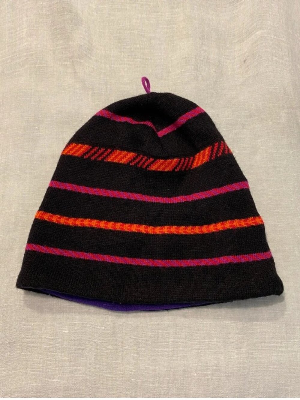 Vintage 1990s 1992 Patagonia black orange pink striped wool blend beanie hat - Picture 2 of 9